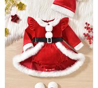 TEMU Conjunto de Dos Piezas para Niñas: Body Triangular con Cuello de Muñeca , Largas con Volantes y Gorro de Navidad, Ideal para Exteriores