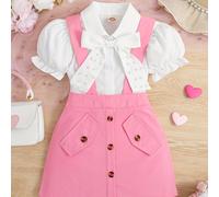 TEMU Conjunto de dos piezas para niñas que una blusa de manga corta con cuello abotonado y abullonadas, con decoraciones de cuentas, con una falda con tirantes.