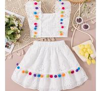 TEMU Conjunto de dos piezas para niñas que una blusa sin con cuello cuadrado y adornos de bolas, con una falda de corte regular, para salidas informales en verano.