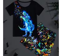 TEMU Conjunto de dos piezas para niños que una camiseta de manga corta con un diseño de dinosaurio y pantalones cortos con salpicaduras brillantes, para fiestas en y actividades al aire libre.