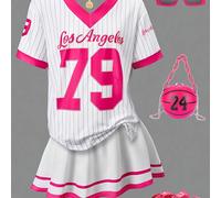 TEMU Conjunto de dos piezas que una camiseta a rayas con estampado de números y una falda deportiva plisada, para usar de forma casual en y verano