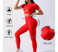 TEMU Conjunto de Entrenamiento de Yoga de 2 Piezas, Top Corto de y Mallas Altas para Correr de Color Sólido, Ropa Deportiva para Mujer