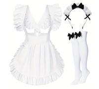 TEMU Conjunto de estilo francés que un disfraz de criada plisado tirantes ajustables, un delantal, un adorno para la cabeza con y calcetines blancos, para a tu cosplay
