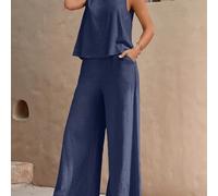 TEMU Conjunto de Estiloso para Mujer y Pantalones de Pernera Ancha - Poliéster, Color Sólido, Ropa Casual de /Verano, Blusa sin |Ropa Casual|Tela de Poliéster