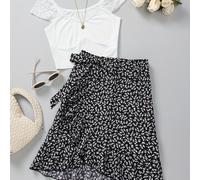 TEMU Conjunto de falda floral elegante para mujer - con cuello en V y detalles de encaje, falda de cintura , floral negro y , para /verano, falda floral.