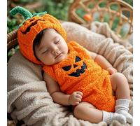 TEMU Conjunto de Halloween de Tolo y Calabaza para Bebés, Body Triangular sin con Gorro de Calabaza y Accesorios de Hojas, para Exteriores