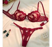 TEMU Conjunto de lencería de dos piezas en color sólido con bordado floral, que un conjunto de semitransparente, sexy y elegante