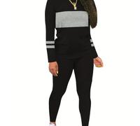 TEMU Conjunto de Mujer Moda Otoño-Invierno: Cuello y Cintas en Bloque Colorido + Pantalones Largos