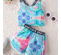 TEMU Conjunto de niña con estampado tie-dye moderno y , 2 piezas, con tiras de , shorts sin , para el verano, transpirable y