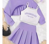 TEMU Conjunto de niña de calidad que una camiseta sin blanca con versátil, una camisa de manga corta y una falda plisada . con materiales suaves, modernos y agradables , transmite una energía juvenil.