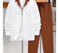 TEMU conjunto de otoño e invierno de dos piezas que una camisa de larga con cuello de traje y pantalones casuales de pierna con bloque .