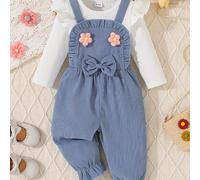 TEMU Conjunto de otoño e invierno para bebé niña con tirantes, diseño floral 3D y top a rayas azules y blancas, ideal para actividades al aire libre.