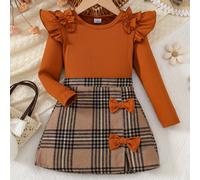 TEMU Conjunto de otoño para niñas de 2 piezas, que una blusa de larga con volantes y una falda a cuadros con