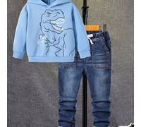 TEMU conjunto de otoño para niños que un sudadera azul de larga con estampado de dinosaurio, con pantalones vaqueros casuales en un conjunto de dos piezas, ideal para actividades al aire libre.