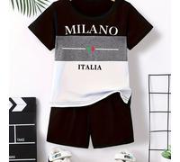 TEMU Conjunto de pantalones cortos de moda para niños, estampado de rayas de la serie de Italia, camiseta de manga corta para niños, pantalones cortos, conjunto casual 3S-TZ6060, para exteriores