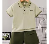 TEMU Conjunto de pantalones cortos y camisa POLO de manga corta con cuello abullonado y botones, diseño de dinosaurio, moderno y para niños, ideal para el verano y actividades al aire libre