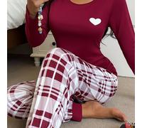 TEMU Conjunto de pantalones de pijama con puños a cuadros rojos y top de larga con cuello y estampado de corazones para mujer.