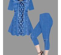 TEMU Conjunto de Pantalones Estampados - No Tela de Mezclilla: Top Casual de Cuello y Manga Corta con Estampado Mezclilla y Leggings de Color Sólido para /Verano N026