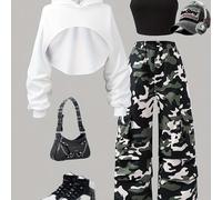 TEMU Conjunto de para adolescentes que pantalones cargo de camuflaje retro de , un hoodie cropped y una camiseta sin holgada para las temporadas de otoño e invierno, para exteriores, para adolescentes