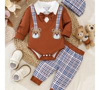 TEMU Conjunto de para bebé niño a , que una camiseta con cuello y , estampado de oso, con pantalones largos a cuadros y un sombrero, ideal para actividades al aire libre.