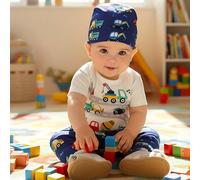 TEMU Conjunto de para Bebé Niño: Body de Manga Corta con Cuello y Estampado de Excavadora, Pantalón Elástico Azul y Gorro, Ideal para Exteriores