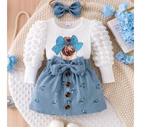 TEMU Conjunto de para bebés niñas que una blusa de larga con estampado en la espalda, una falda con estampado floral y un gran decorativo, y una floral , ideal para exteriores.