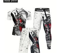 TEMU Conjunto de para hombre con cuello estampado camuflaje, pantalones cortos con bolsillo, adecuado para salir y hacer ejercicio, conjunto básico de compresión moldeadora del cuerpo