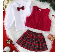TEMU Conjunto de para niñas con camisa de cuello estilo escolar, con una falda plisada a cuadros rojos, que transmite un y lindo, junto con un abrigo esponjoso, ideal para actividades al aire libre.