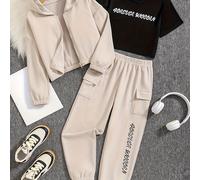 TEMU Conjunto de para niñas que un cárdigan con capucha y , una camiseta de cuello y pantalones de chándal de cintura , ideal para actividades al aire libre.