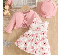 TEMU Conjunto de para niñas que un vestido casual para , verano y otoño, junto con una chaqueta de color liso, largas acampanadas y un sombrero, para exteriores.