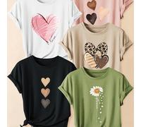 TEMU Conjunto de piezas de camiseta deportiva casual de manga corta para mujer, estilo retro, con estampado elegante de ramo de corazones y estampado de leopardo rosa, y cuello