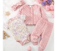 TEMU Conjunto de piezas de otoño e invierno para bebés niñas con estampado floral de dibujos animados en terciopelo rosa, larga y coleteros, ideal para exteriores.