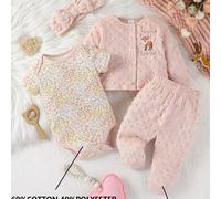 TEMU Conjunto de piezas de otoño e invierno para bebés niñas con flores de dibujos animados, de terciopelo con largas y coleteros, para exteriores