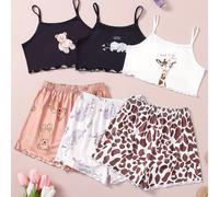 TEMU Conjunto de Piezas para Niñas 120-170: Top Corto con Tirantes , Volantes y Encaje + Shorts, Estampado Aleatorio, Pijama Casual para el Hogar