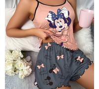 TEMU Conjunto de Pijama Casual Disney para Mujer con Top Naranja de Minnie Mouse y Pantalones Cortos Grises con Tirantes