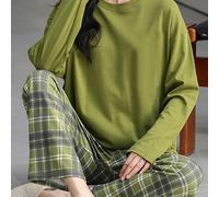 TEMU conjunto de pijama casual para mujer que una camiseta de larga con cuello y pantalones largos a cuadros, para usar en otoño e invierno.