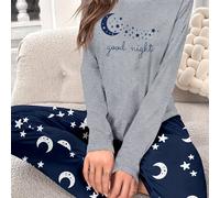 TEMU Conjunto de pijama con estampado de luna y estrellas y eslogan para mujer, camiseta de larga con cuello y pantalones, y para otoño e invierno.