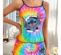 TEMU Conjunto de Pijama con Tirantes Disney Stitch para Mujer - Top y Shorts de Poliéster con Estampado Tie-Dye , y , Ideal para Todas