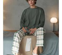 TEMU Conjunto de pijama de 2 piezas para hombre, tejido de poliéster 95% elastano 5%, larga con cuello de tripulación con bolsillos, de cuadros casual para /otoño, ajuste regular