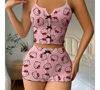 TEMU Conjunto de pijama de 2 piezas Sanrio con top corto sin tirantes estampado y pantalones de pierna con cordón, de 2 piezas para mujer
