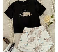 TEMU Conjunto de pijama de dibujos animados de para mujer, camiseta de manga corta con cuello y pantalones cortos, y .