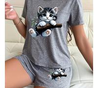 TEMU Conjunto de pijama de manga corta y pantalones cortos para mujer con lindo diseño de gato sosteniendo un árbol | Cuello , diseño de dibujos animados, para todas , pantalones cortos