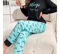 TEMU Conjunto de pijama de mujer para otoño e invierno con estampado de dibujos animados, , banda de pestañas, larga, pantalones largos, puños y pantalones con parches, ropa casual para estar en casa