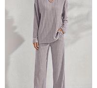 TEMU Conjunto de Pijama de Otoño e Invierno con Camiseta de Cuello en V y Pantalones Sueltos a Rayas Verticales, Larga y Forro Polar - Dos Piezas