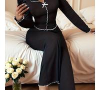 TEMU Conjunto de pijama de pantalón y top de larga con cuello, corte ajustado y color liso para mujer con ribete , conjunto de ropa de estar por casa de estilo fácil, elegante e