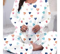 TEMU Conjunto de pijama de talla grande para mujer - larga, cuello , estampado de corazones, ropa casual para el hogar con pantalones que se , ropa de descanso cómoda | Estampado | Tela elástica