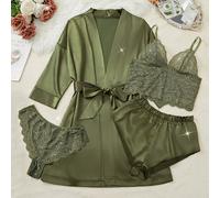TEMU Conjunto de Pijama Elegante con Flores de Color Sólido, Top Halter Semi Transparente y Cuello en V & Bragas & Shorts de Satén & Banda para Albornoz de Larga, Pijamas Cómodos para Mujer