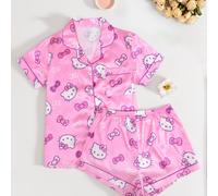 TEMU Conjunto de Pijama Juvenil Estampado Sanrio HELLO KITTY con Solapa y Botones - Camiseta de Manga Corta y Pantalón Corto para Descansar