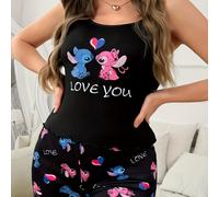 TEMU Conjunto de Pijama Oversize Disney Plus Size para Mujer: Camiseta Cómoda y con Estampado de Stitch y "LOVE YOU" + Shorts con Volantes, Conjunto Casual y Moderno 2 Piezas