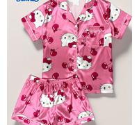 TEMU Conjunto de Pijama para Adolescentes con Estampado de Sanrio HELLO KITTY, Cárdigan Abierto con Botones y Manga Corta y Pantalón Corto para el Hogar